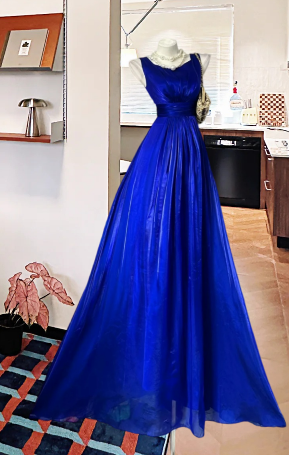 Attractive Jewel Neck Prom Dress Blue Satin A-Line Evening Dress GG8175