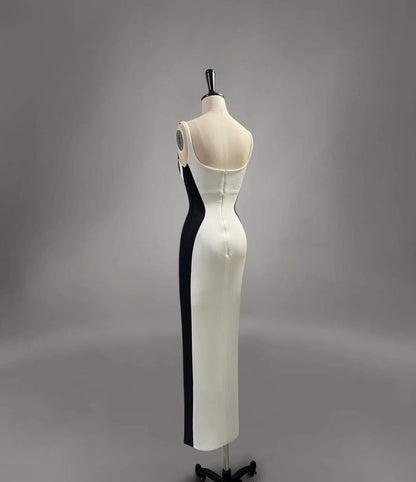 Chic Mermaid Spaghetti Straps White With Black Satin Long Prom Dress,Evening Dress GG828