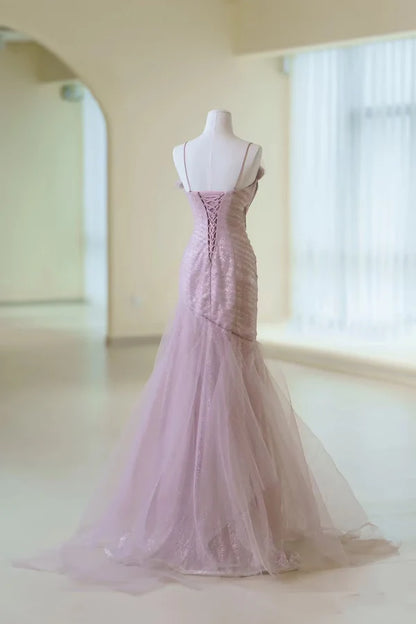 Glam Mermaid Spaghetti Straps Pink Sequin Tulle Long Prom Dress,Evening Dress GG832