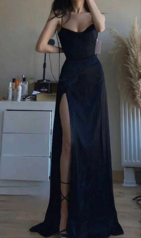 Simple A Line Spaghetti Straps Slit Satin Long Prom Dress,Evening Dress GG836
