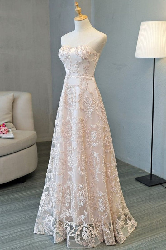 Glam A Line Strapless Pink Lace Sequin Long Prom Dress,Evening Dress GG850