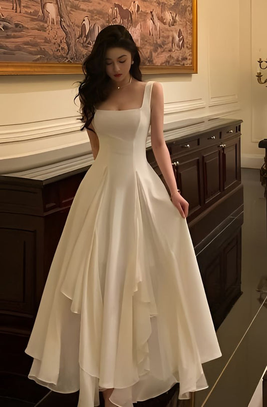 Simple A Line Square White Chiffon Long Prom Dress,Evening Dress GG854