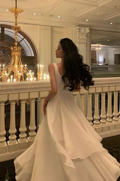 Simple A Line Square White Chiffon Long Prom Dress,Evening Dress GG854