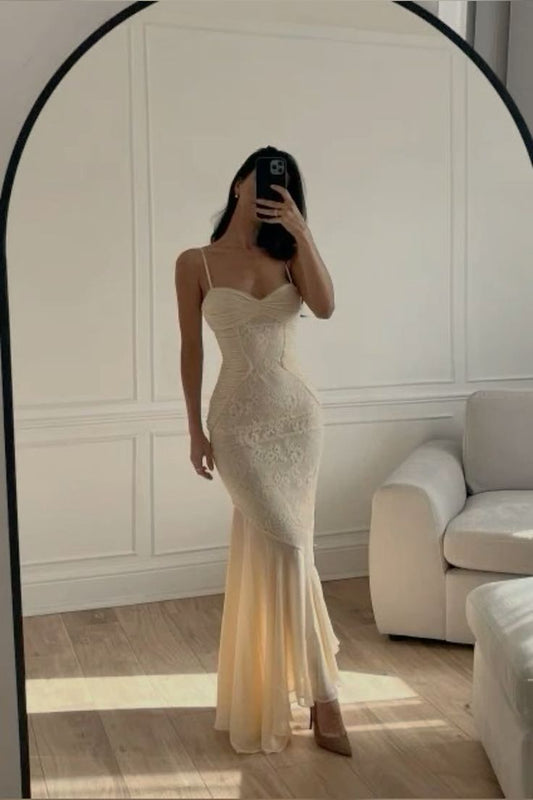 Elegant Mermaid Spaghetti Straps Pastel Yellow Lace Applique Chiffon Long Prom Dress,Evening Dress GG856