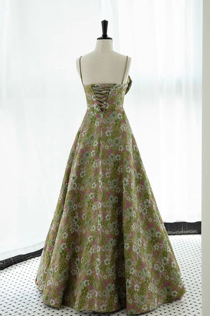 Gorgeous A Line Spaghetti Straps Satin Print Floral Long Prom Dress,Evening Dress GG880