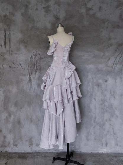 Graceful A Line Spaghetti Straps Light Purple Ripple Chiffon Flower Long Prom Dress,Evening Dress GG915