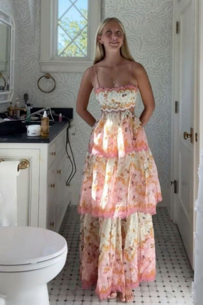 Fairy A Line Spaghetti Straps Layered Floral Satin Long Prom Dress,Evening Dress GG927