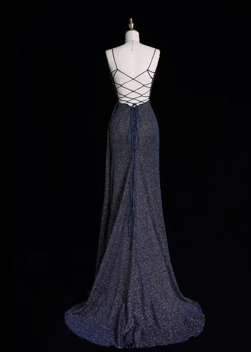 Glitter Mermaid Spaghetti Straps Satin Sequin Pleats Long Prom Dress,Evening Dress GG978